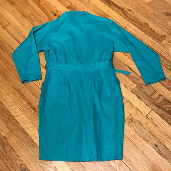 ✈️Nok Nok Vintage Ramie Teal Bodice wrap Overlay shirtdress Shift Sheath Pencil - Picture 16 of 16